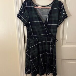 Speechless Navy Plaid Mini Dress with Pearl Details